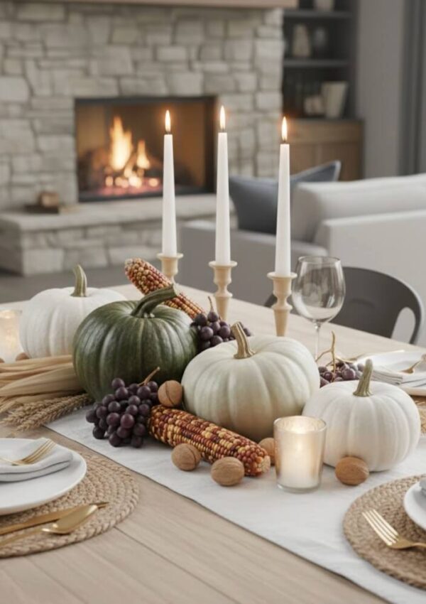 A fall-themed dining table centerpiece with white and green pumpkins, decorative corn, grapes, walnuts, three lit candles, and glassware, set in front of a stone fireplace with a burning fire.