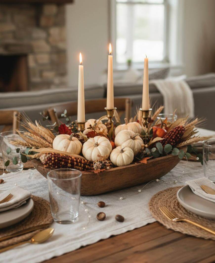 A rustic fall centerpiece with small white pumpkins, dried wheat, autumn leaves, and Indian corn surrounds three lit taper candles in a wooden bowl on a set dining table.