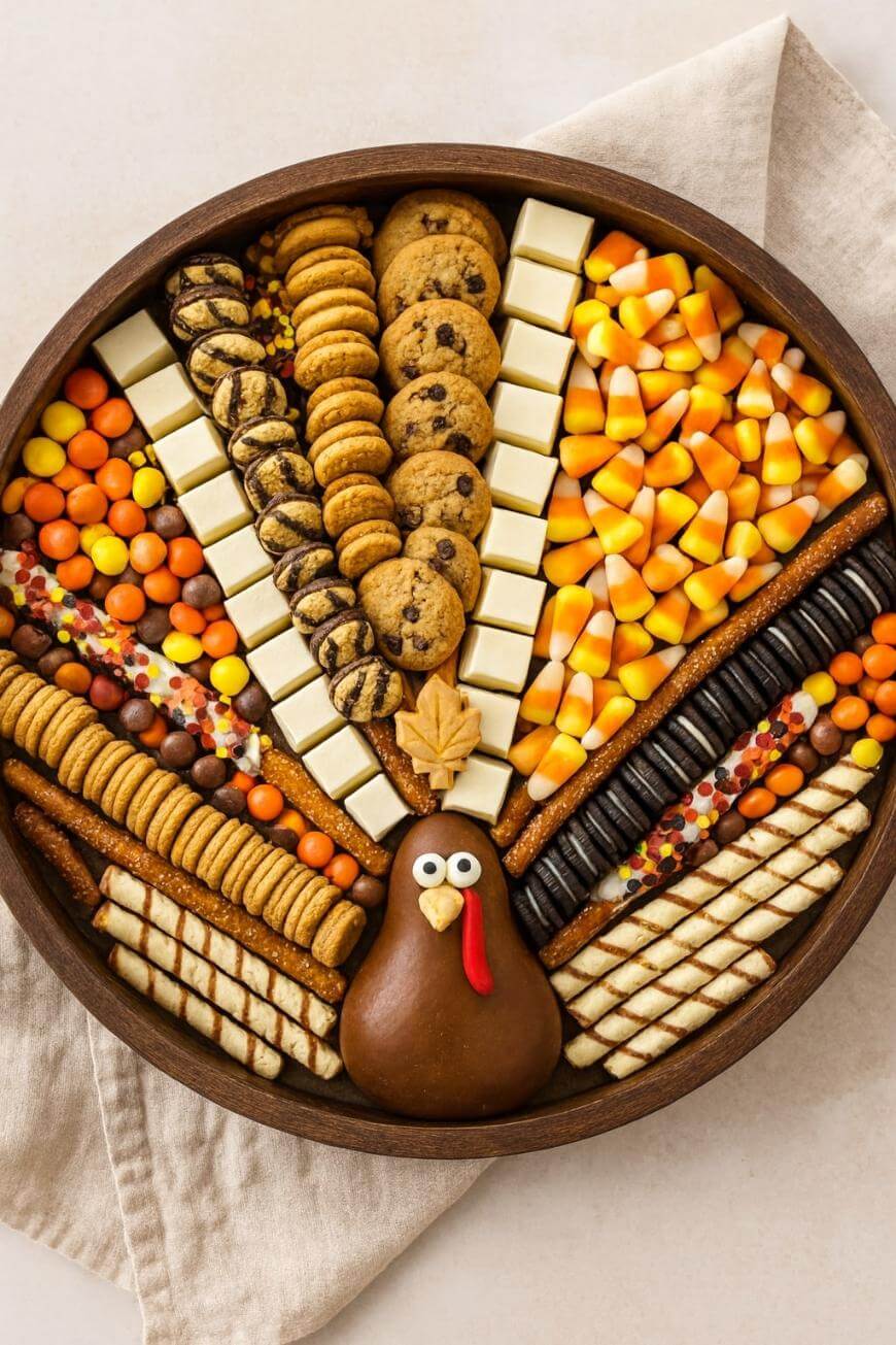 A round wooden tray arranged like a turkey, with cookies, candy corn, chocolate, pretzels, and cheese forming colorful feathers. The turkey body is made with a chocolate-coated treat and decorated with candy eyes and a red wattle.