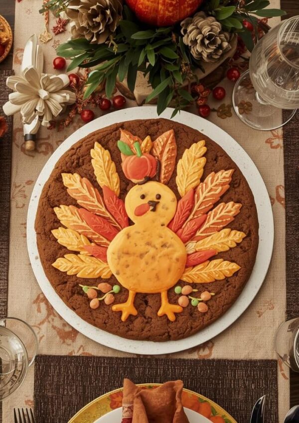 A large cookie decorated as a turkey with icing feathers in fall colors, candy eyes, and a pumpkin on its head, sits on a festive table set for a Thanksgiving meal with autumn-themed decor.