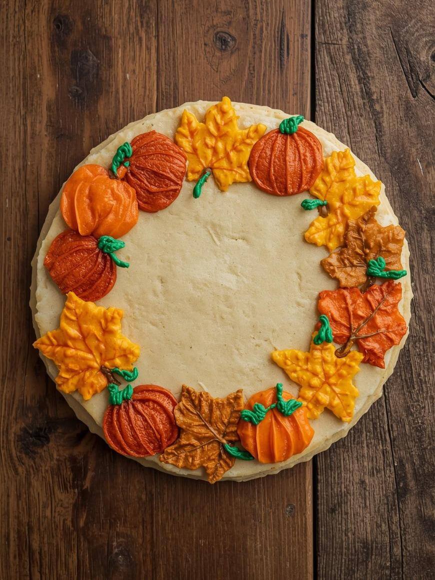 A round cookie decorated with orange pumpkins and yellow, orange, and brown autumn leaves made of icing, arranged in a partial wreath on a wooden surface.