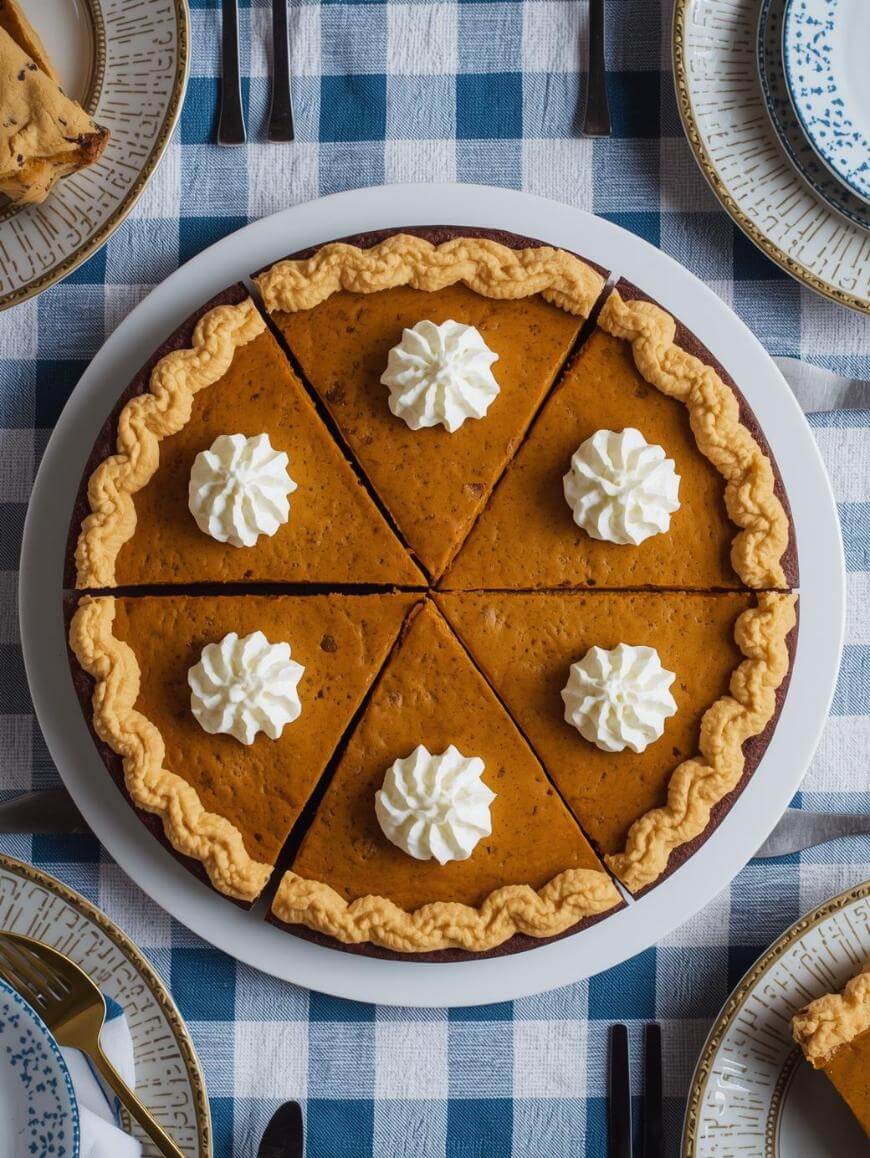 A pumpkin pie sliced into six pieces, each topped with a dollop of whipped cream, sits on a white plate on top of a blue and white checkered tablecloth. Plates and cutlery are arranged around the pie.
