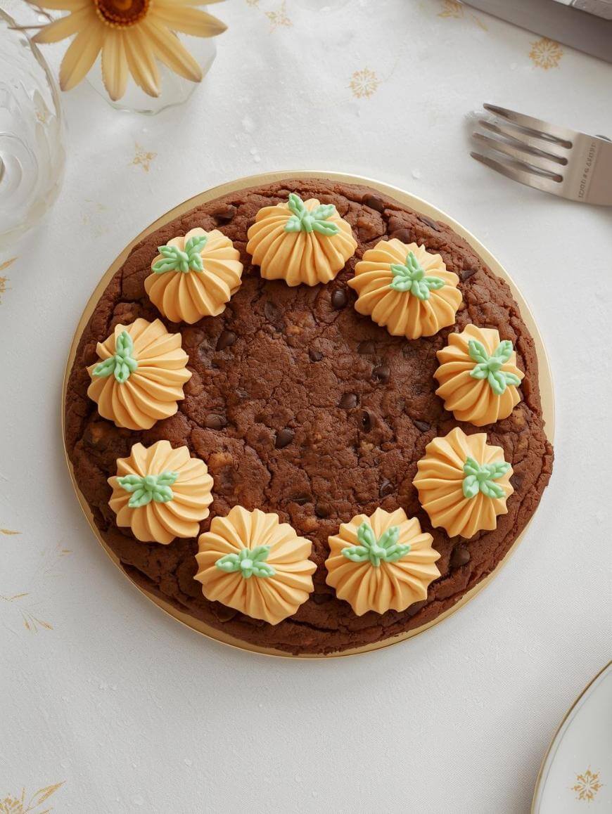 A round chocolate cookie cake topped with nine orange and green pumpkin-shaped frosting decorations, placed on a white tablecloth next to a fork and a yellow flower.