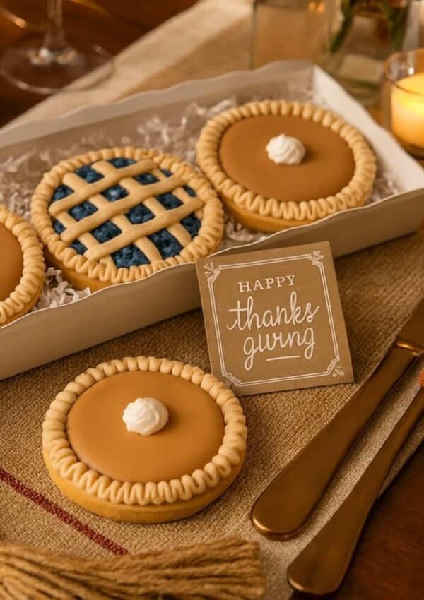 A box of decorated cookies shaped like pies, one with a lattice design and others with cream dollops, sits on a table next to a card that reads Happy Thanksgiving, with candles and utensils nearby.