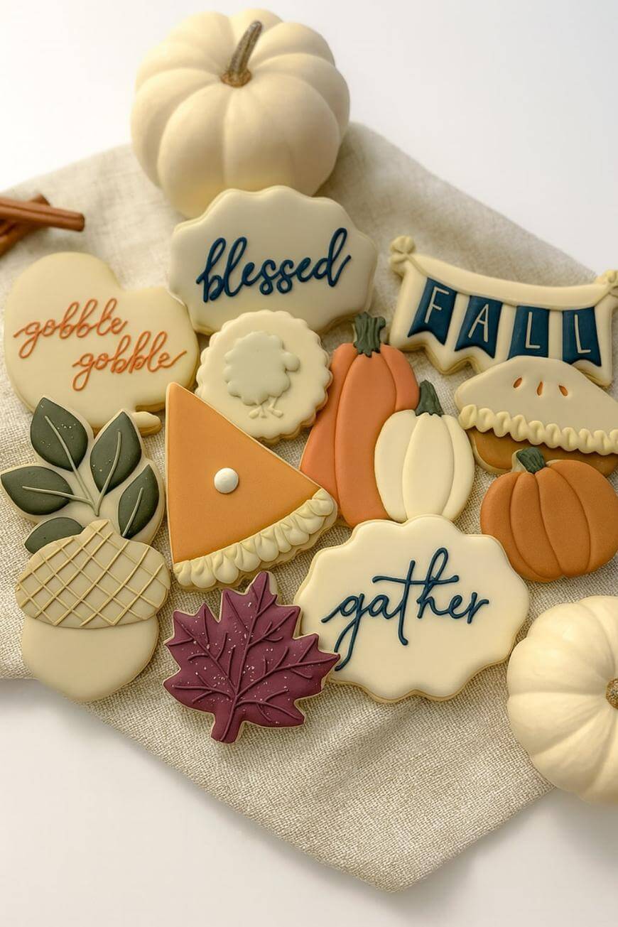 An assortment of decorated fall-themed cookies shaped like pumpkins, pie, leaves, and signs with words like âblessed,â âgather,â âgobble gobble,â and âfall,â arranged on a light cloth with small white pumpkins nearby.