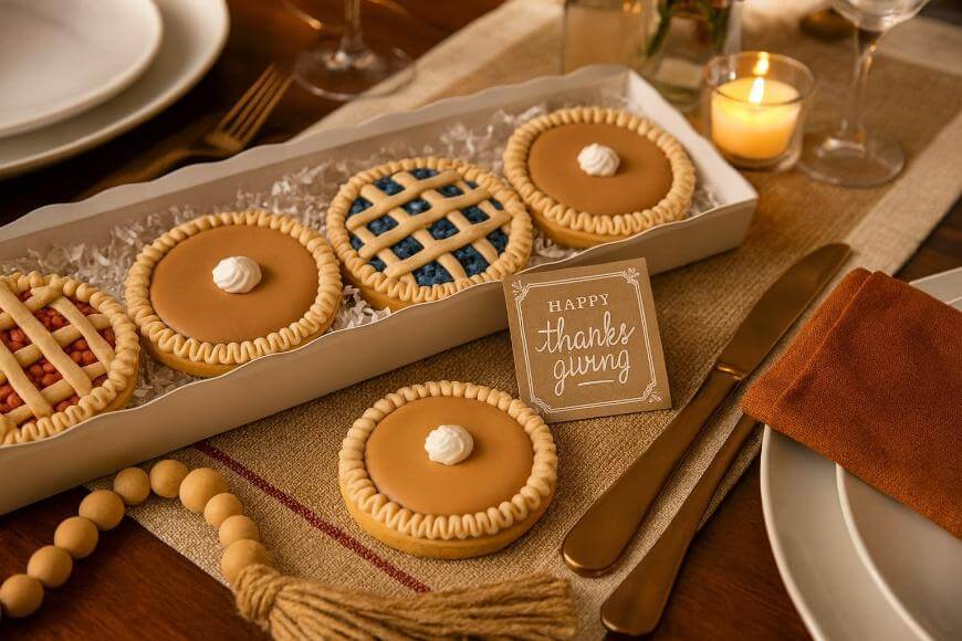 A box of round cookies decorated to look like pies sits on a festive table with a âHappy Thanksgivingâ card, a lit candle, and place settings with gold cutlery and an orange napkin.