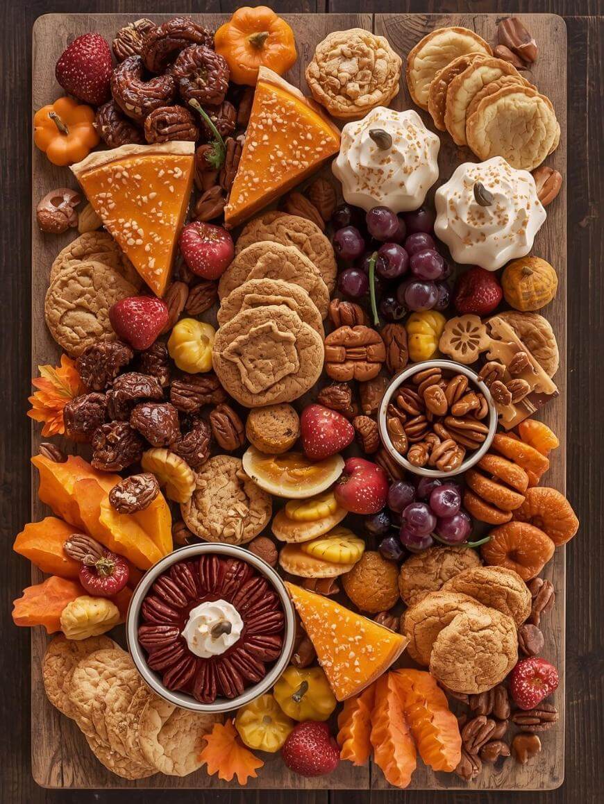 A wooden board filled with assorted cookies, pecans, pumpkin pie slices, strawberries, grapes, meringues, dried fruits, and nuts, arranged in a colorful, decorative display.
