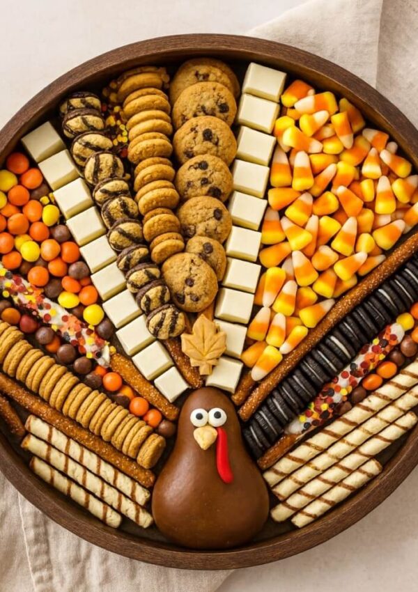 A round platter arranged to look like a turkey, with a chocolate candy body, candy eyes, red and yellow decorations for the beak and wattle, and “feathers” made of cookies, crackers, candy corn, pretzels, and chocolates.