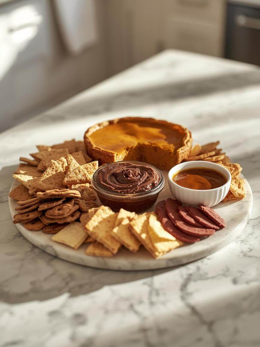 A marble platter with crackers, cookies, chocolate dip, caramel sauce, and a partially sliced cheesecake, arranged neatly on a kitchen countertop in natural light.