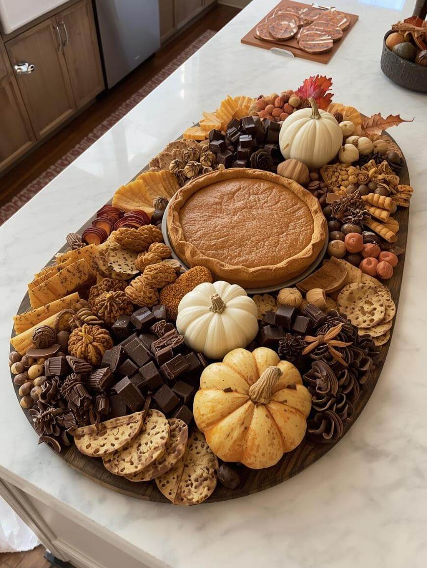 A large wooden board with pumpkin pie in the center, surrounded by crackers, chocolates, cookies, nuts, cheese, and three decorative white and orange pumpkins on a marble countertop.