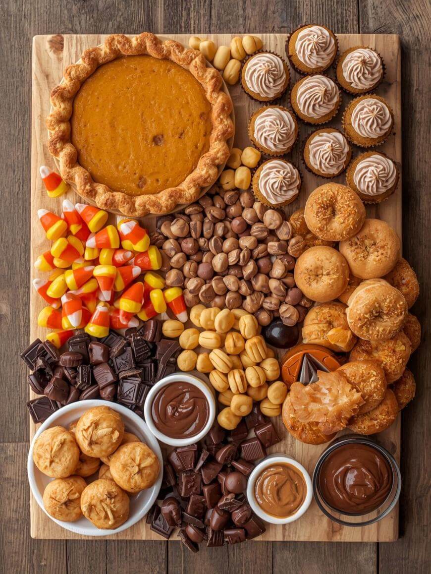 A wooden board topped with an assortment of desserts, including a whole pumpkin pie, cupcakes, muffins, cream puffs, various chocolates, caramel candies, candy corn, and bowls of chocolate and caramel sauces.