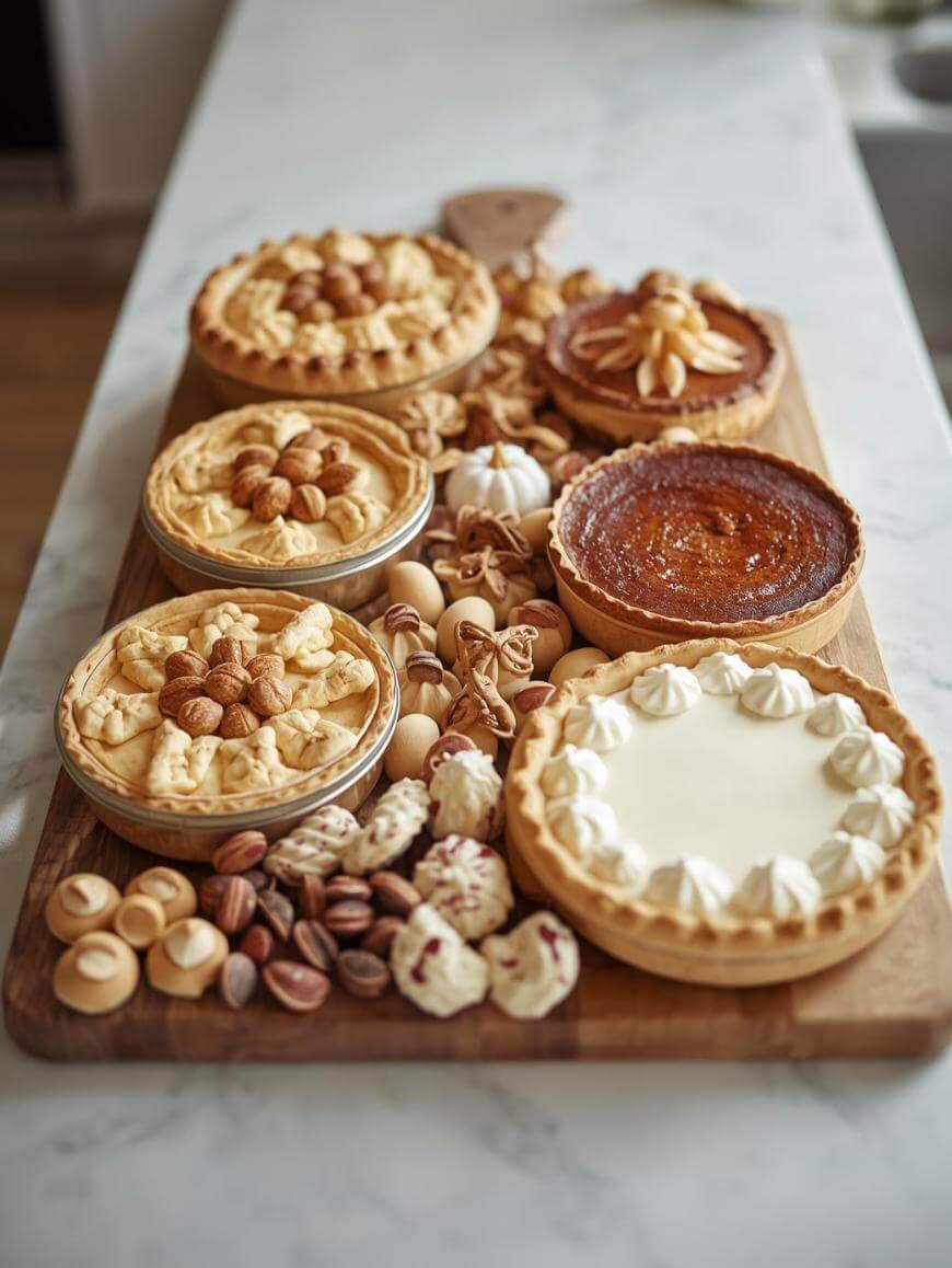 A wooden board topped with various pies, cookies, and assorted nuts, including pecan, nut, cream, and pumpkin pies, surrounded by small pastries and cookies on a marble countertop.