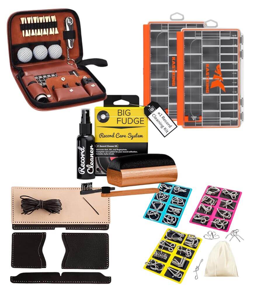 A collage of gift ideas for dads including a golf accessory kit, two tackle box organizers, a record cleaning kit, two leather wallets (one tan, one black), colorful earbud holders, and a small drawstring pouch.
