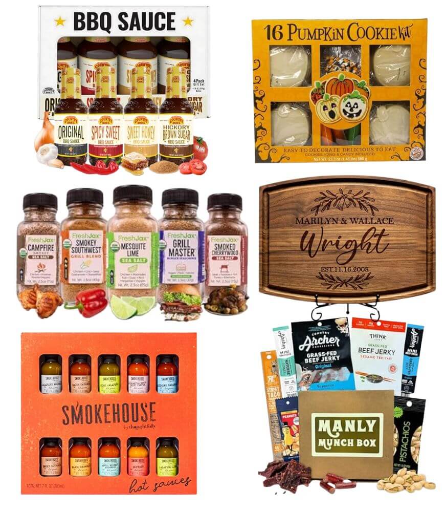 A collage of six food-themed gift sets, including BBQ sauces, a pumpkin cookie kit, spice rubs, a personalized wooden cutting board, hot sauces, and a Manly Munch Box with beef jerky and snacks.