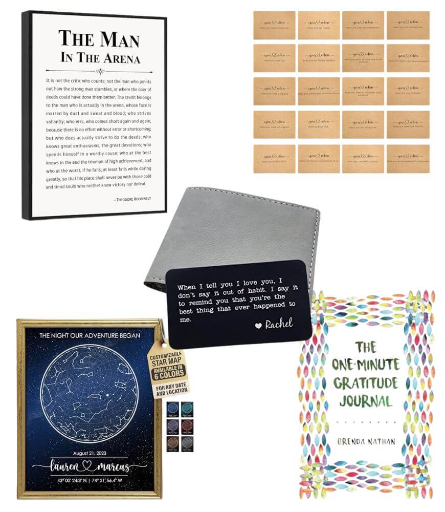 A collage of five sentimental gift items: a framed Roosevelt quote, wooden cards with engraved messages, a custom star map print, a personalized wallet card, and a colorful gratitude journal book.