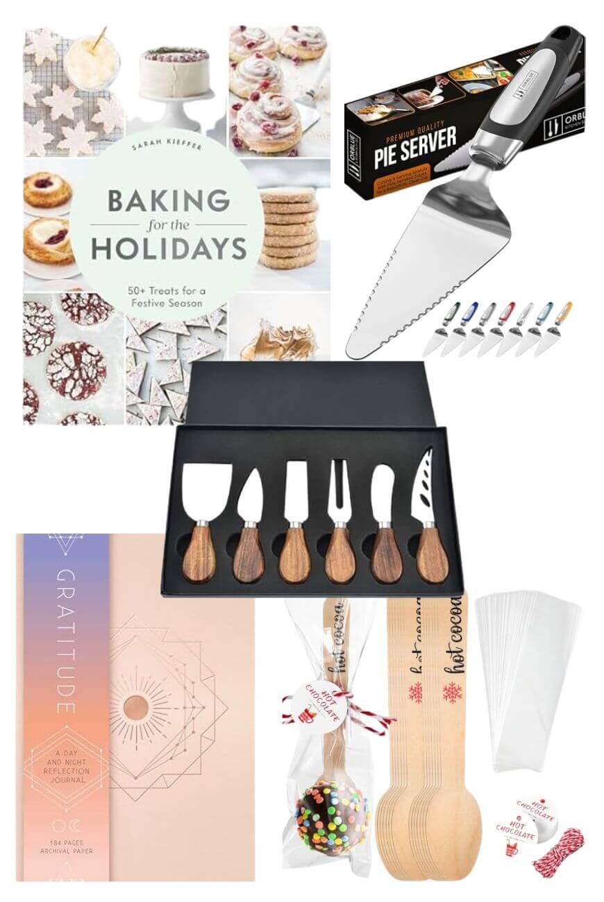 A collage of holiday-themed baking items, including a cookbook, pie server, cheese knife set, spatula, whisk, festive hot chocolate stick, gratitude journal, and disposable piping bags.