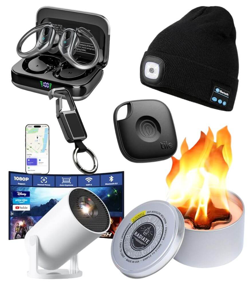 A collage of gadgets including wireless earbuds, a beanie with a built-in headlamp, a Bluetooth tracker, a phone showing GPS, a portable projector, and a small lit fire in a tin container.