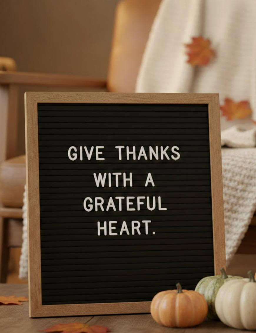 A letterboard sign with the message Give thanks with a grateful heart is displayed next to small pumpkins and a cream-colored blanket, evoking a cozy autumn atmosphere.