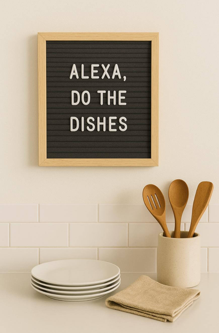 A sign on a kitchen wall reads ALEXA, DO THE DISHES. Below it, there are stacked white plates, a folded beige towel, and a container holding wooden kitchen utensils.