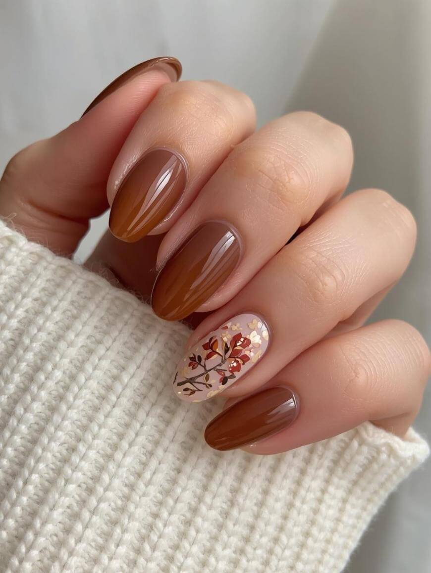 A hand with almond-shaped nails painted in glossy brown shades, except the ring finger, which has a beige base with a floral and leaf design in red, brown, and orange. The hand is partially covered by a cream knit sleeve.