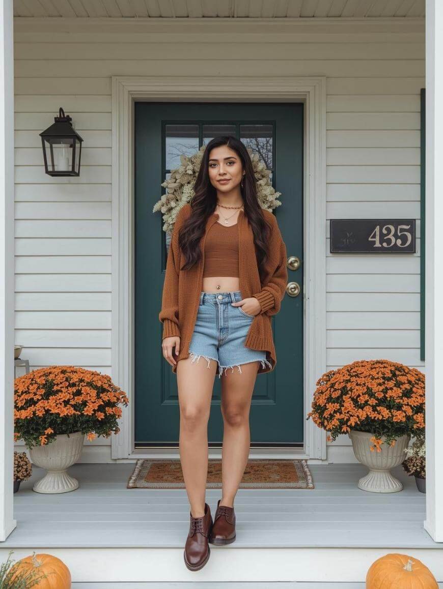 A woman in a brown top, cardigan, and denim shorts stands on a porch decorated with orange flowers and pumpkins. She is in front of a green door with the house number 435.