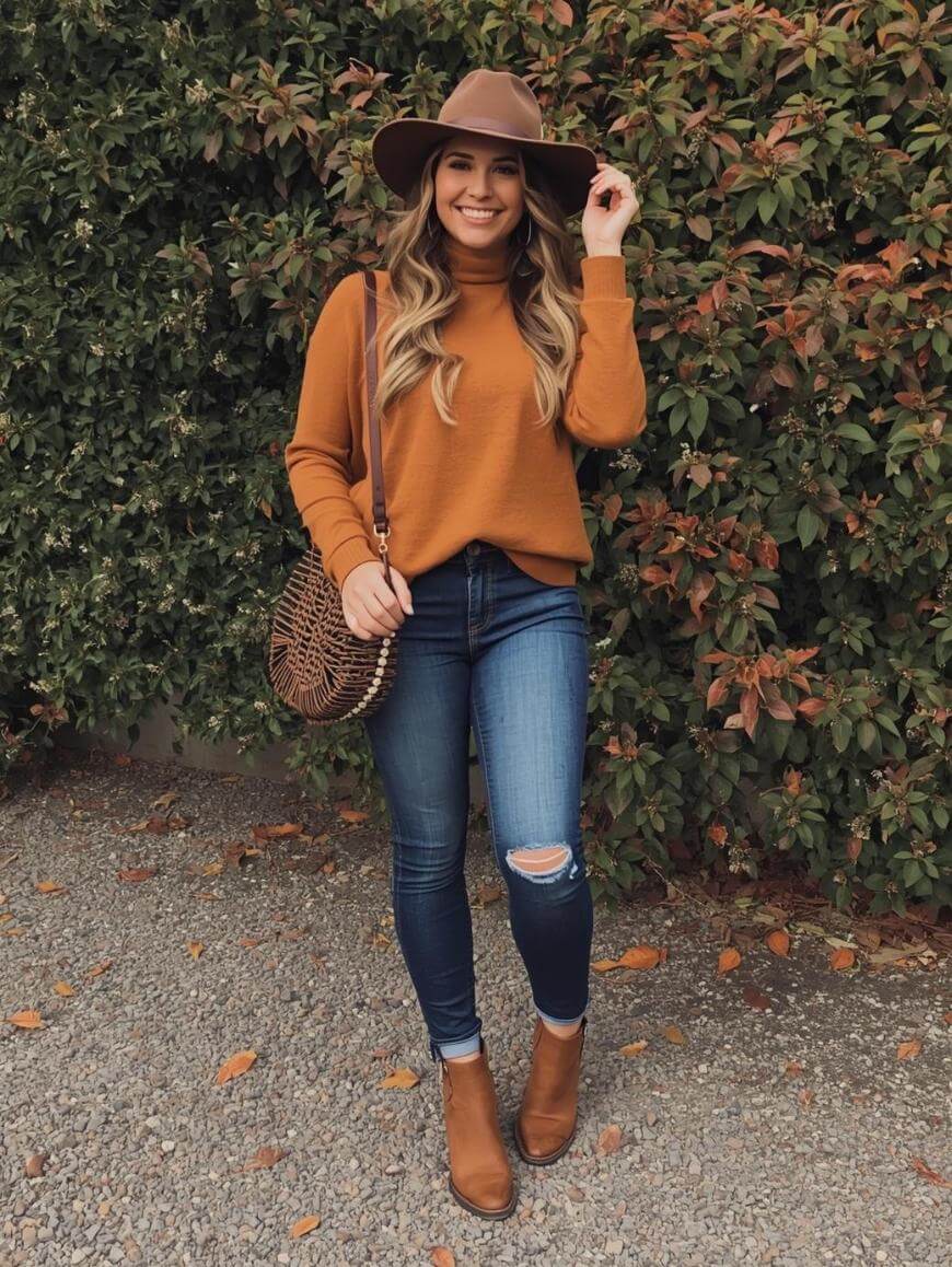 A woman stands outdoors on gravel, smiling. She wears a brown hat, burnt orange sweater, blue jeans with a rip at the knee, brown ankle boots, and holds a round woven bag. Behind her is a leafy green and reddish bush.