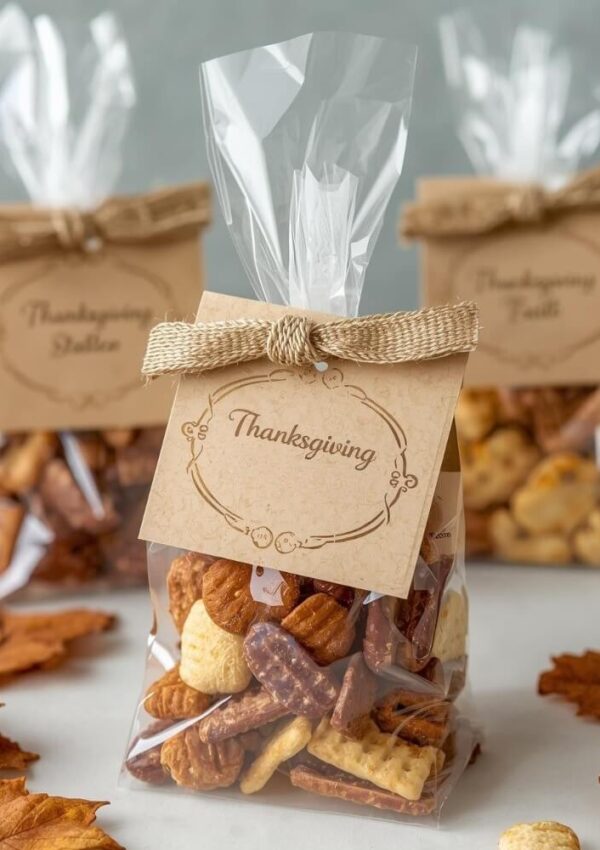 Clear plastic bags filled with assorted fall-themed snacks, each tied with twine and labeled with a “Thanksgiving” tag. Two similar bags are in the background, surrounded by brown autumn leaves.