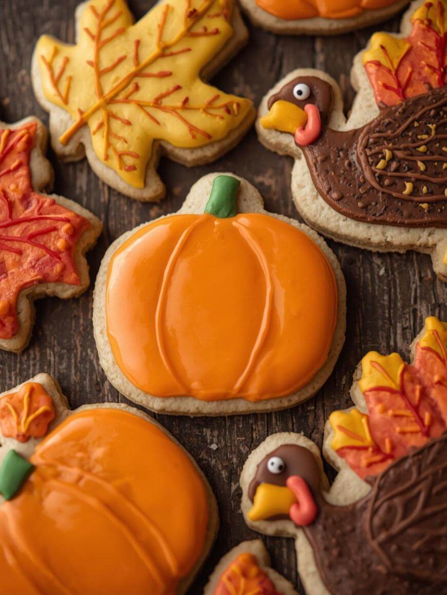 Assorted fall-themed cookies decorated as pumpkins, turkeys, and autumn leaves with colorful icing, arranged on a rustic wooden surface.