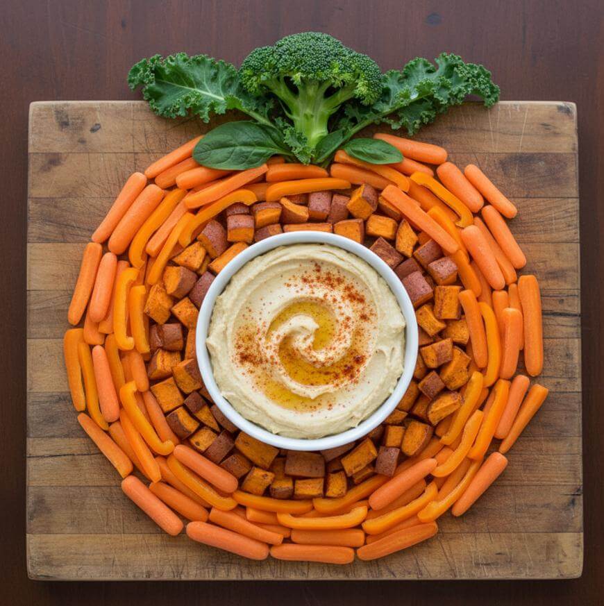 A round platter with hummus in the center is surrounded by concentric rings of baby carrots and cubed sweet potatoes. Broccoli and leafy greens at the top form a stem, making the platter resemble a pumpkin.
