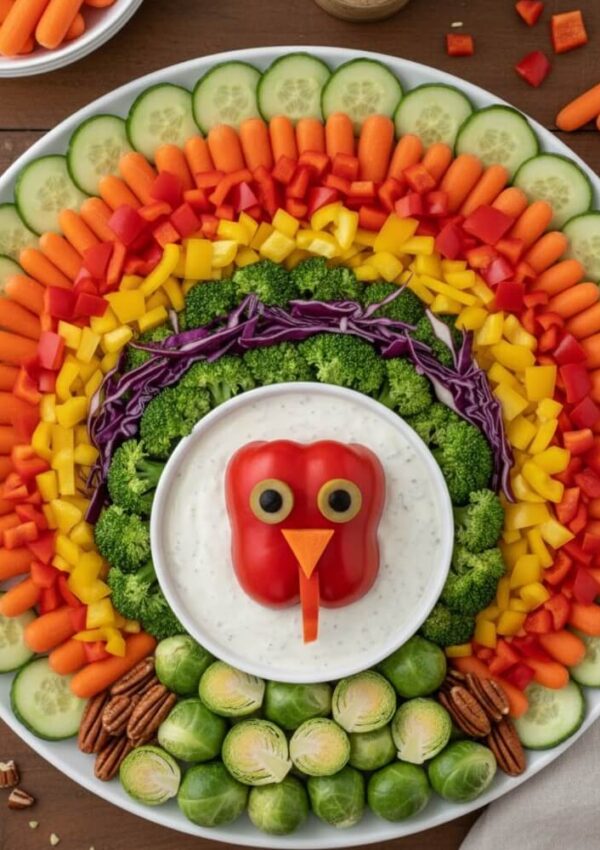 A platter arranged with colorful vegetables in a rainbow pattern, shaped like a turkey. The “turkey” has a red bell pepper body, olive eyes, and a carrot beak, with broccoli, peppers, cucumber, and brussels sprouts as feathers.