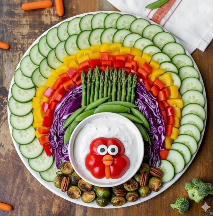 A platter arranged with sliced cucumbers, bell peppers, red cabbage, asparagus, snap peas, and Brussels sprouts in a rainbow pattern around a dip. The dip is decorated to look like a turkey face with vegetables and googly eyes.