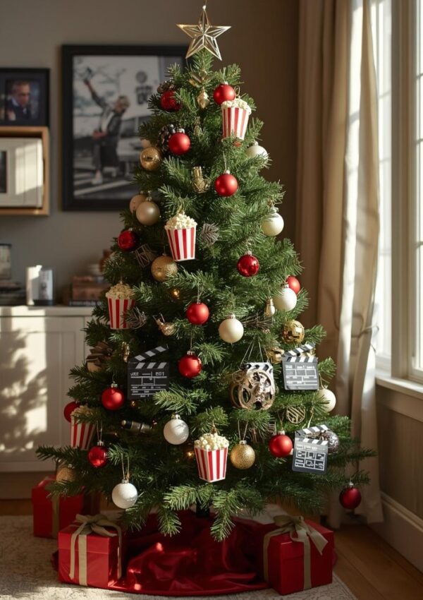 A Christmas tree decorated with red, gold, and white ornaments, popcorn buckets, film reels, and movie clapperboard ornaments, stands in a bright room with wrapped gifts underneath and framed photos on the wall behind.