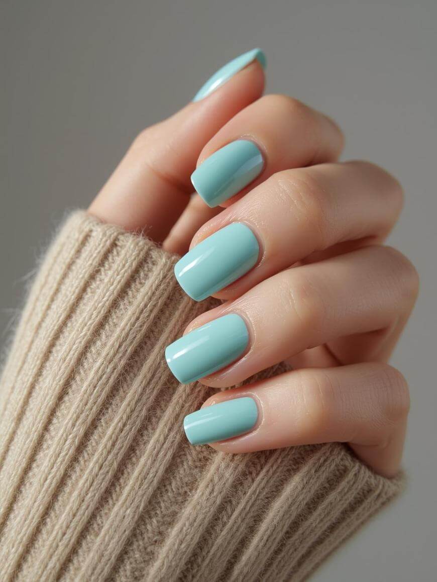 A hand with neatly manicured nails painted in a glossy light blue shade is shown. The person is wearing a beige, ribbed-knit sweater that partially covers the hand. The background is neutral and out of focus.