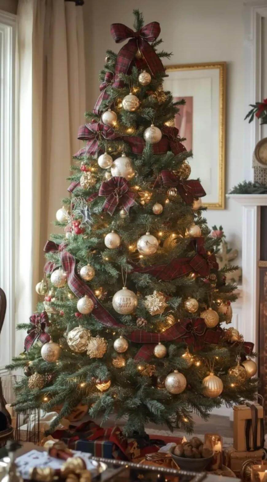 A decorated Christmas tree with gold ornaments, plaid ribbon, and warm white lights stands in a cozy living room, with wrapped gifts and festive treats on a table nearby.