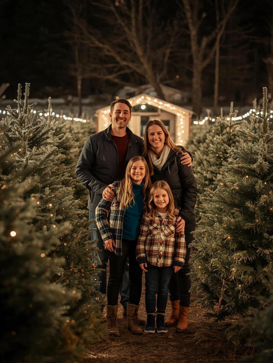A smiling family of four stands among decorated Christmas trees at night, with string lights and a lit wooden hut in the background, creating a festive holiday atmosphere.