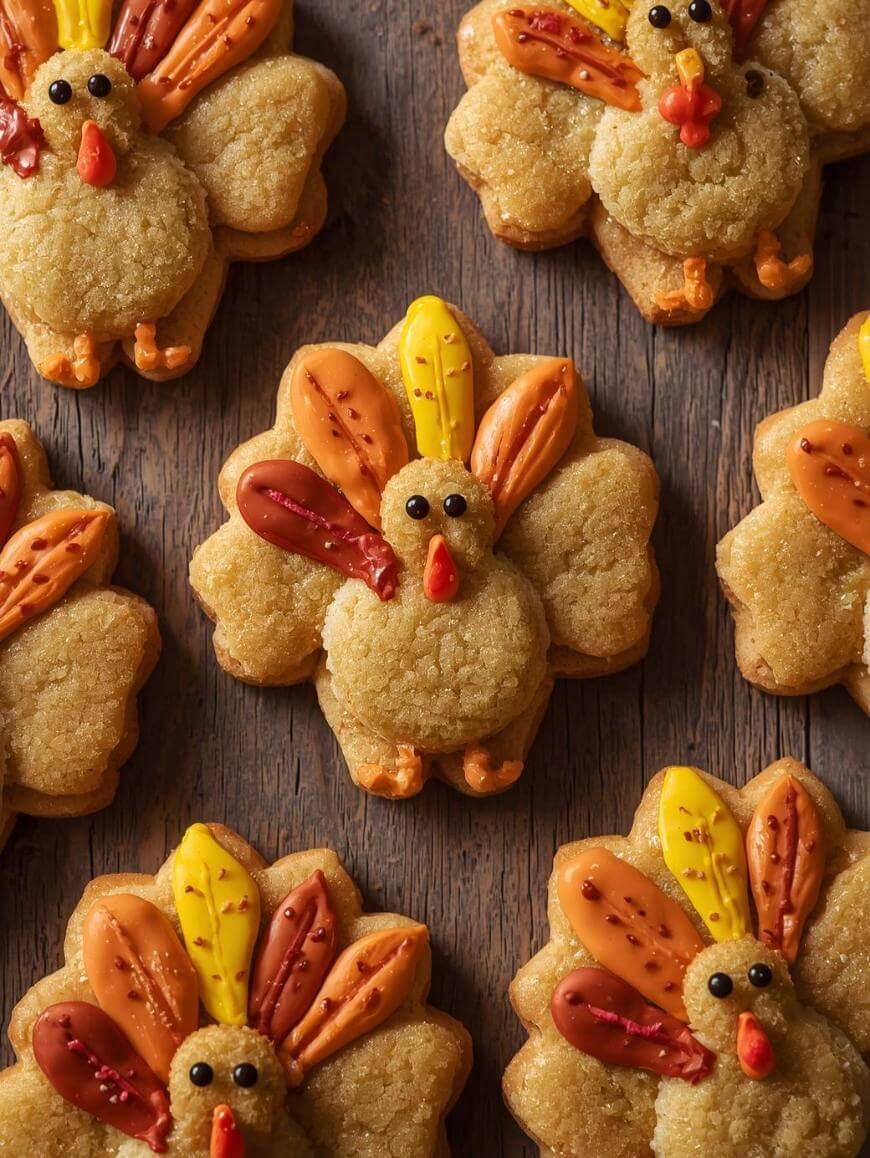 Cookies decorated to look like turkeys, with colored icing for feathers, beaks, and eyes, arranged on a wooden surface.