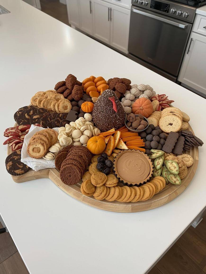 A round wooden platter on a white counter, filled with assorted cookies, crackers, chocolates, cheeses, and small decorative pumpkins, arranged in a festive Thanksgiving turkey shape.