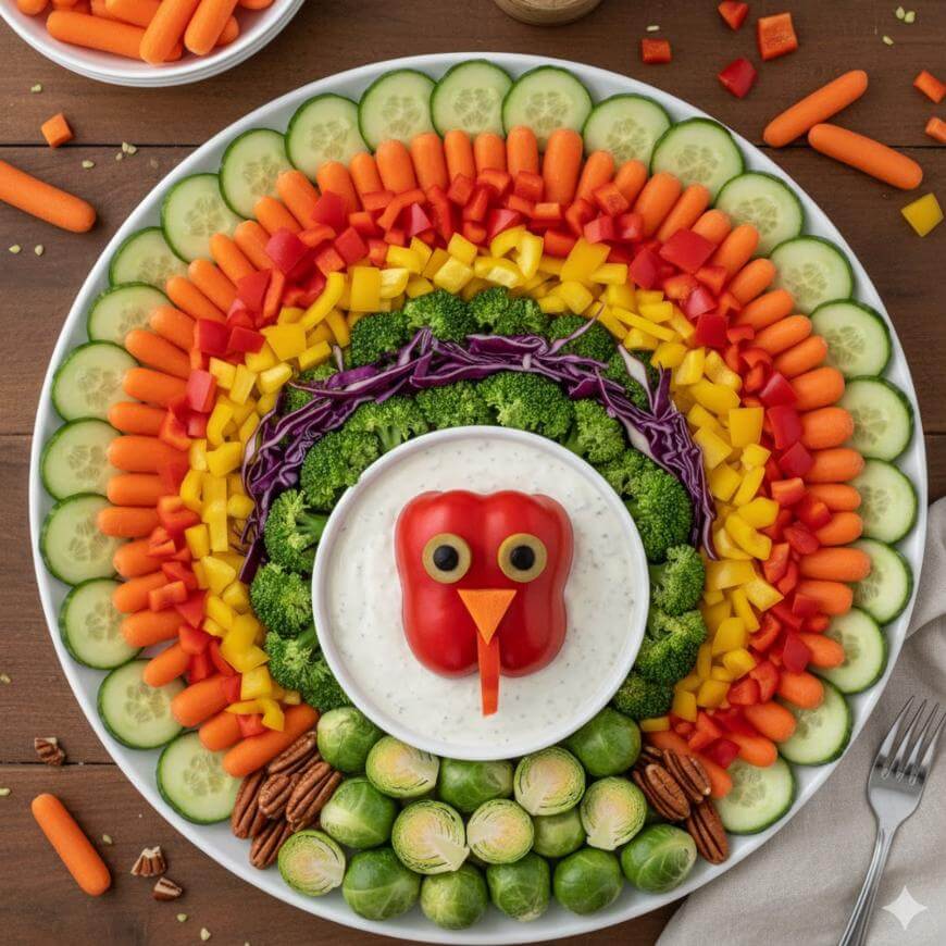 A platter arranged to look like a turkey using colorful rows of sliced vegetables, with a dip bowl as the body, a red bell pepper as the face, and vegetable pieces forming feathers and features.