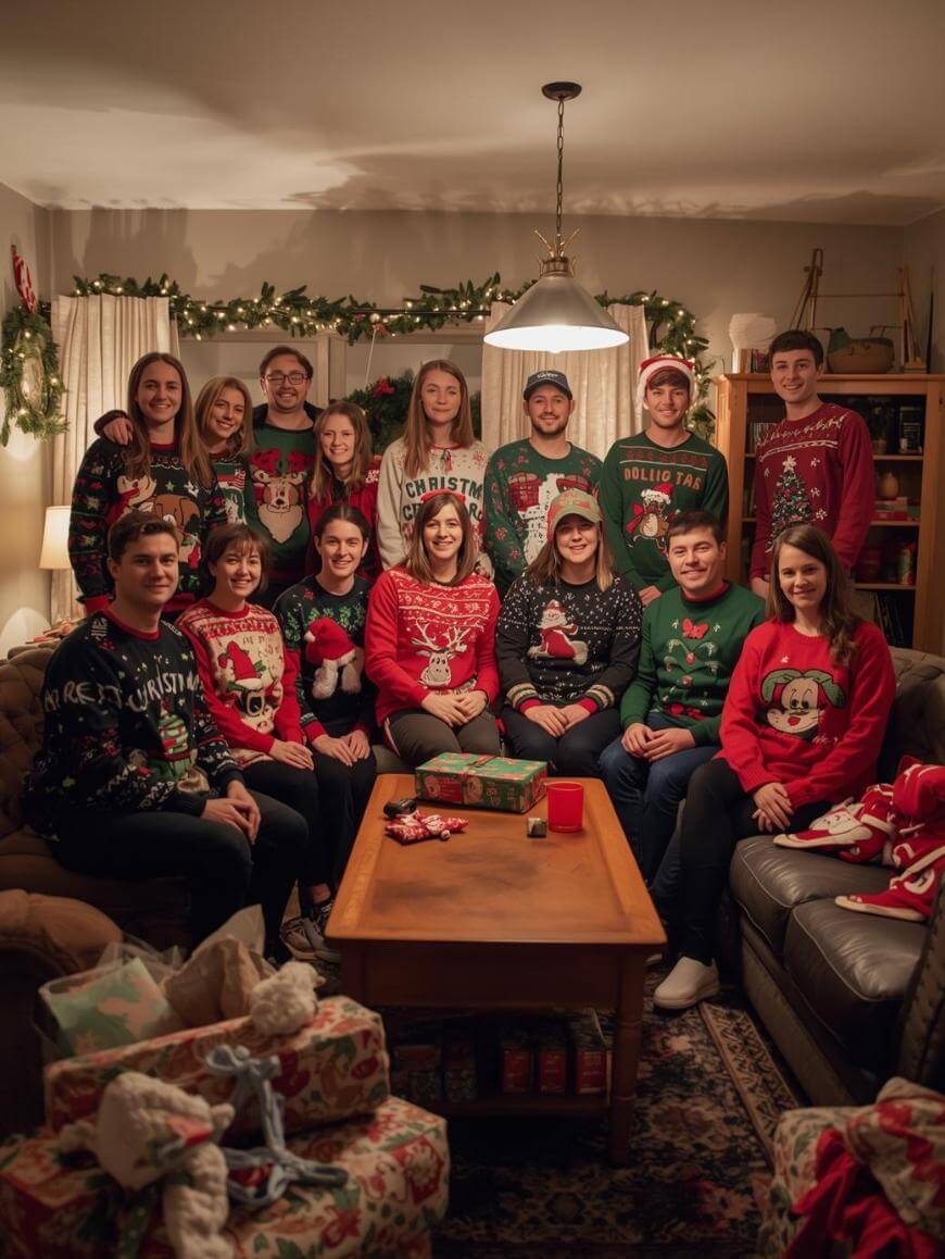 A group of sixteen people, wearing festive Christmas sweaters, smile together in a cozy living room decorated with garlands and string lights. Wrapped gifts and holiday decor are visible around the room.