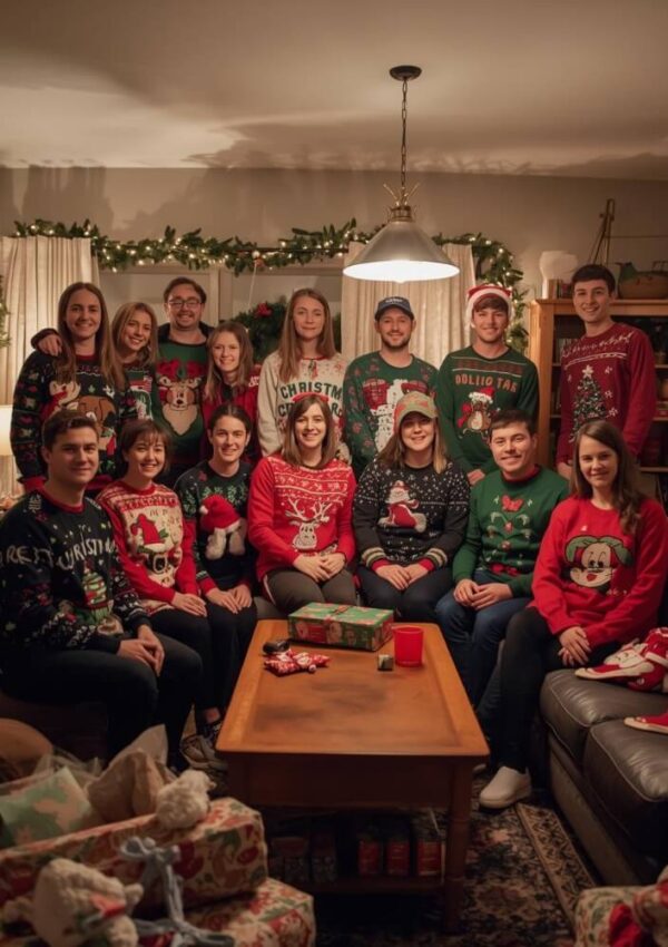 A group of people wearing festive Christmas sweaters sit and stand together in a cozy, decorated living room with gifts and holiday decorations visible around them, smiling at the camera.