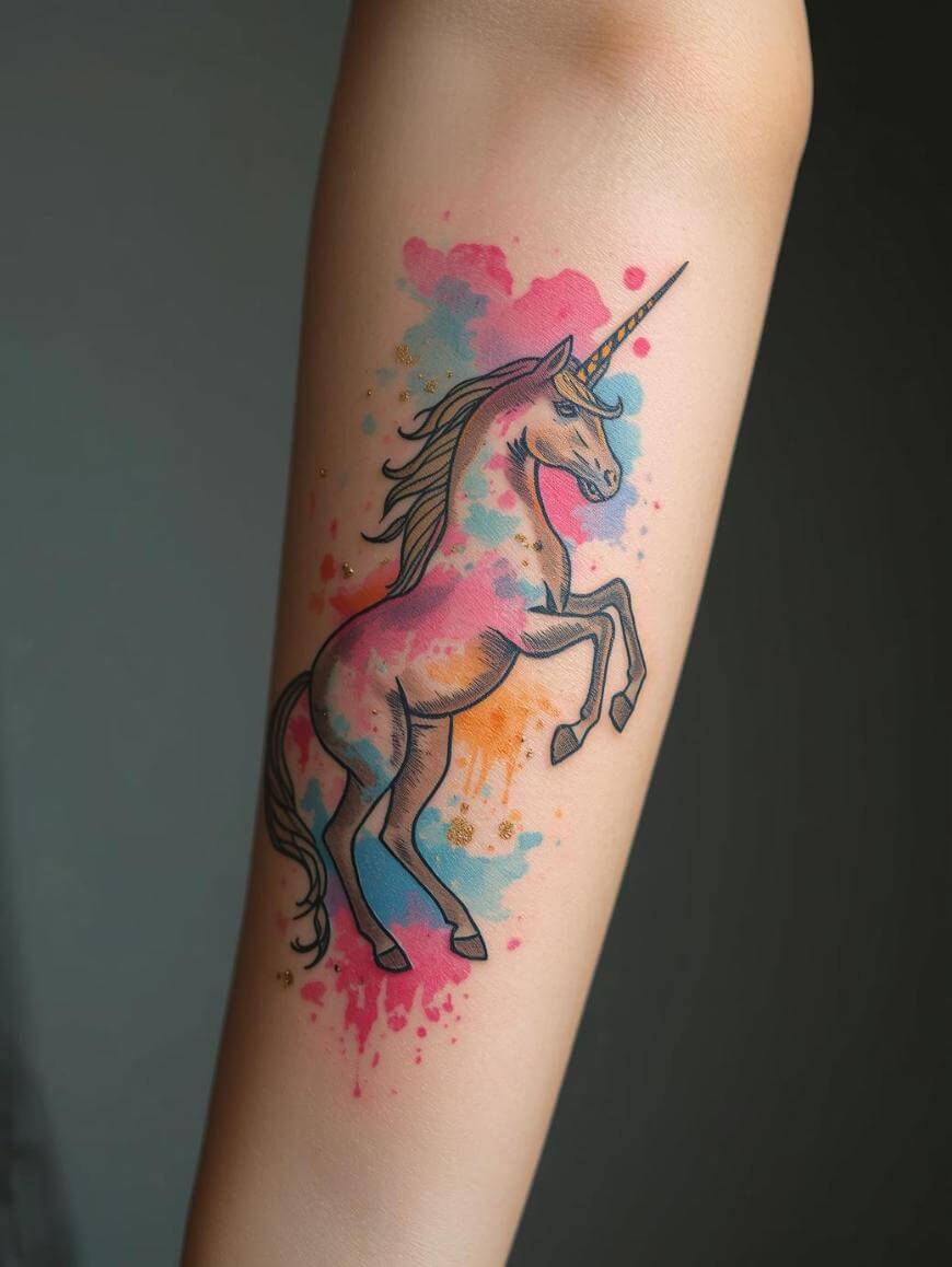A colorful unicorn tattoo on a forearm, featuring bold outlines and bright watercolor splashes in pink, blue, and orange behind the unicorn, which is rearing on its hind legs.