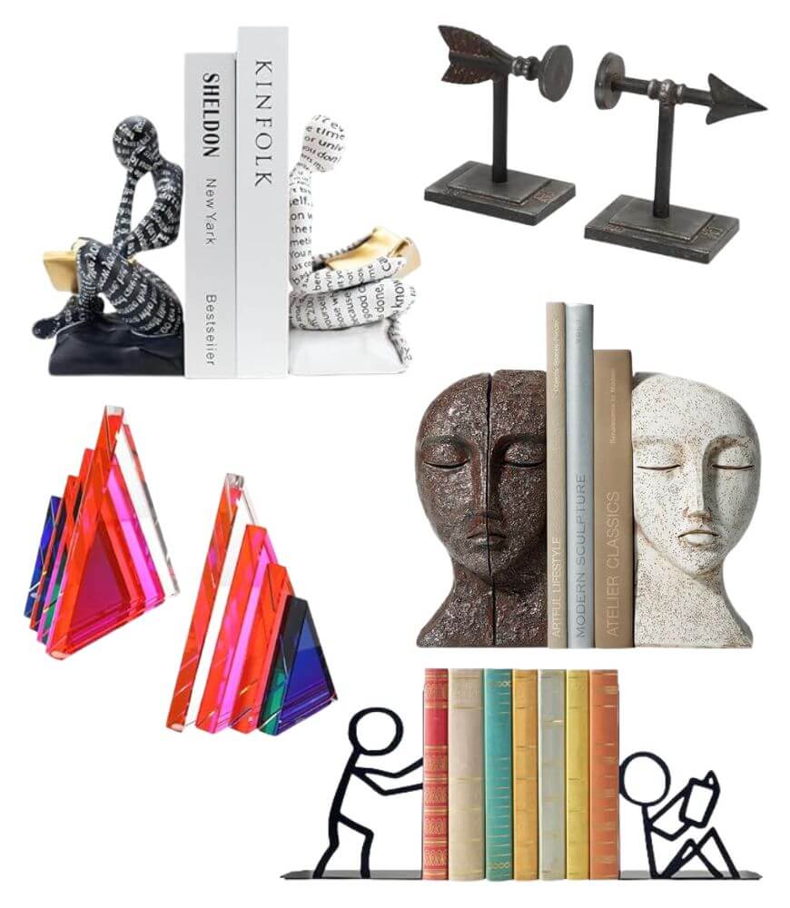 A collage of six pairs of creative bookends, including figures reading and thinking, geometric colored shapes, arrows, and stylized human faces, each supporting books in various artistic styles.