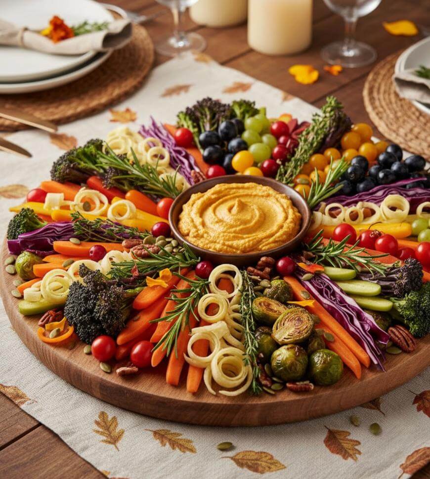 A round wooden platter topped with colorful vegetables, grapes, rolled cheese, fresh herbs, pecans, and a bowl of dip in the center, set on an autumn-themed table with plates and candles.