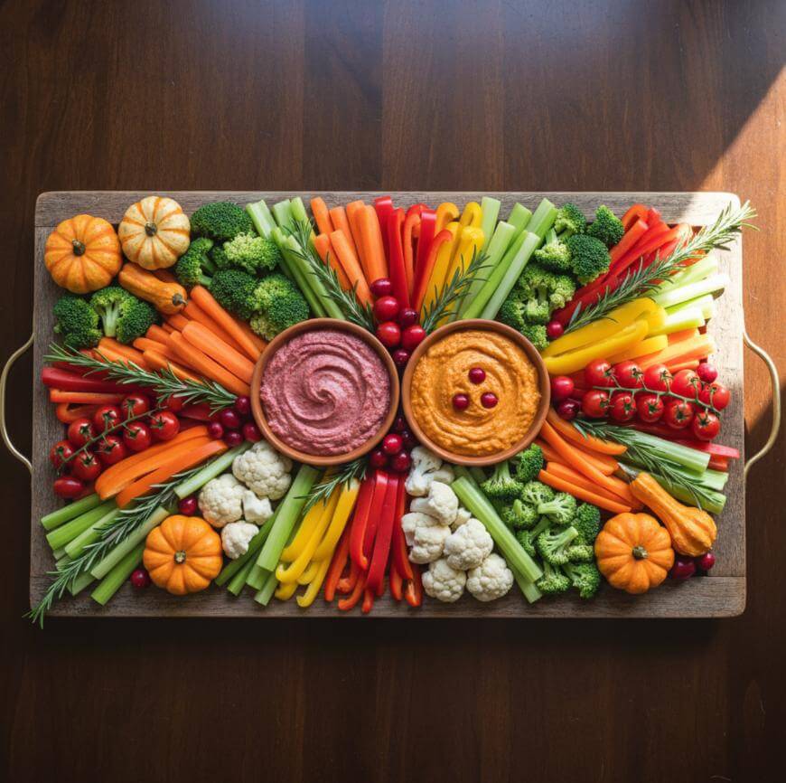 A tray of vegetables and dips.
