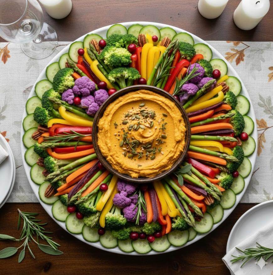 A large platter with a central bowl of orange hummus, surrounded by an arranged ring of colorful fresh vegetables including broccoli, carrots, cucumbers, bell peppers, and purple cauliflower. Candles and plates sit nearby.
