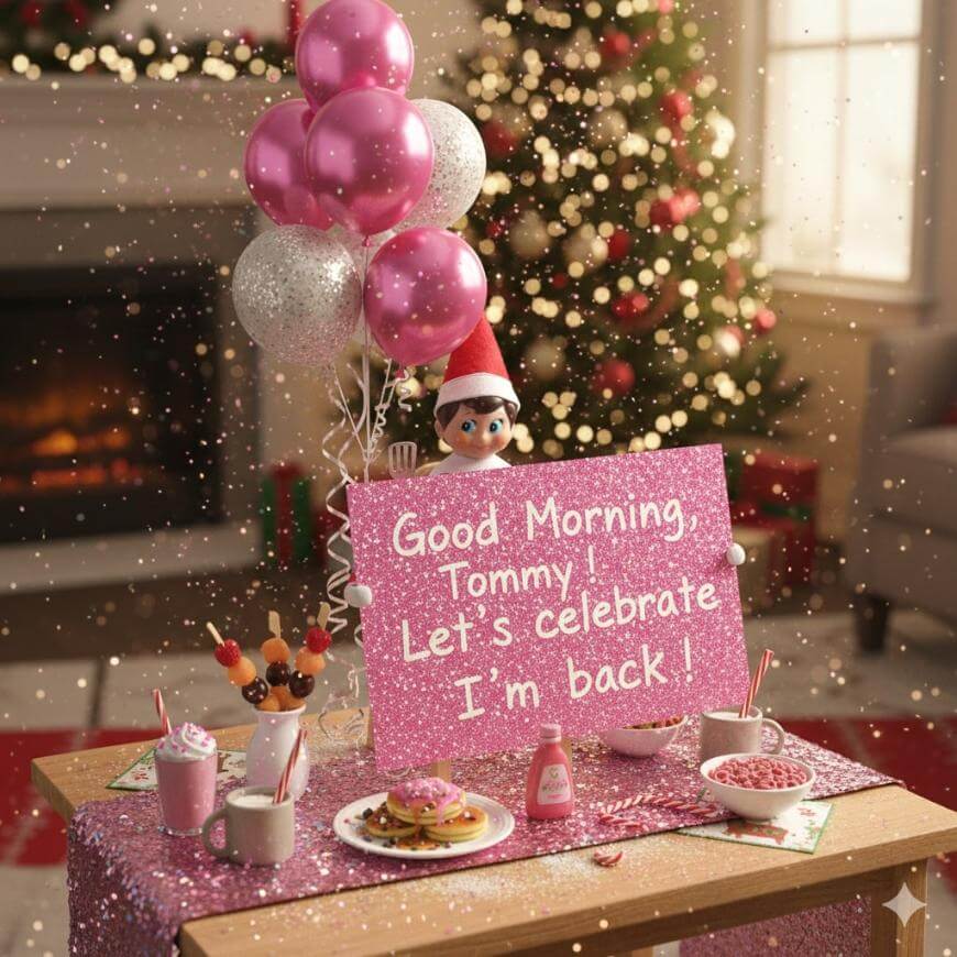 A festive table with pink and silver balloons, treats, and an Elf on the Shelf holding a sign that says, Good Morning, Tommy! Let’s celebrate—I’m back! A decorated Christmas tree and fireplace are in the background.