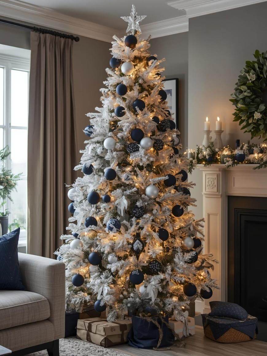 A decorated Christmas tree with white and navy ornaments and warm lights stands in a cozy living room by a fireplace with lit candles. Wrapped gifts are placed under the tree, and the room has neutral-colored walls and curtains.