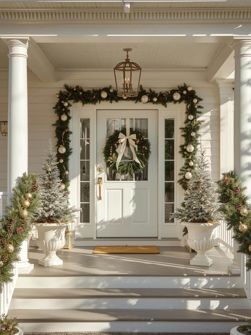 A front porch decorated for Christmas with garlands, ornaments, and wreaths on the door. Two frosted miniature trees in white pots flank the entrance, and a gold lantern hangs above.