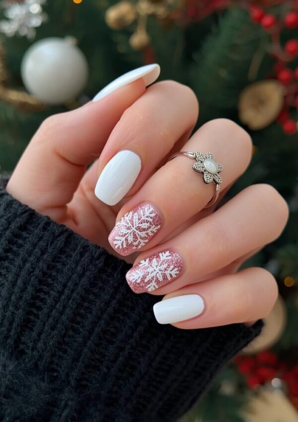 A hand with a silver ring and white nails, holding fingers up. The ring and pinky nails are white, while the middle two nails are pink with white snowflake designs. A Christmas tree is blurred in the background.