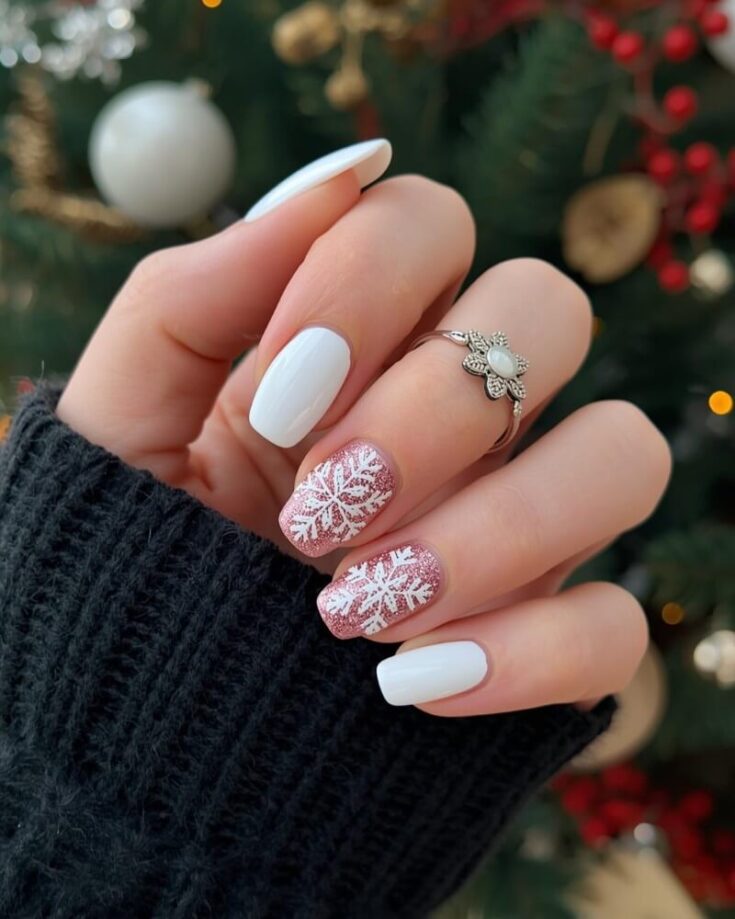 A hand with a silver ring and white nails, holding fingers up. The ring and pinky nails are white, while the middle two nails are pink with white snowflake designs. A Christmas tree is blurred in the background.